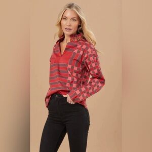 Sheridan French Liv Blouse in Red Plaid with Gold Studs Size XS